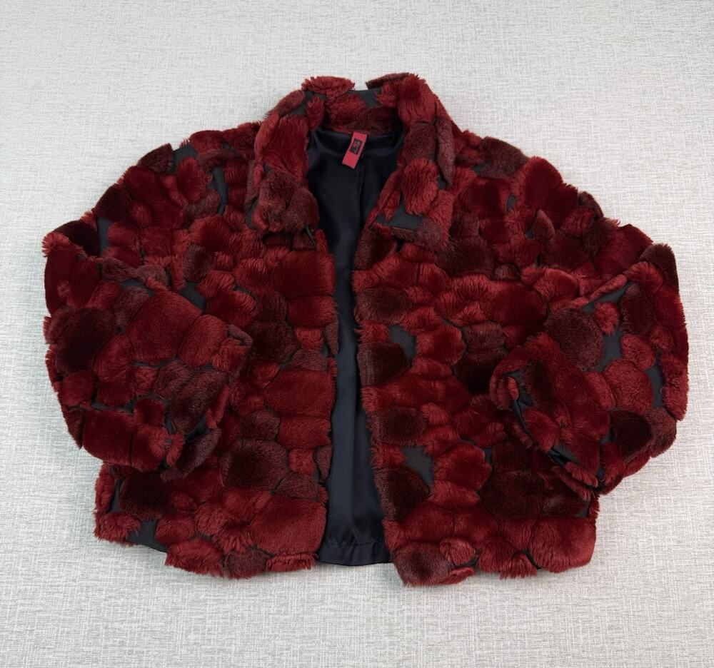 Take Out Women’s Small Burgundy Patchwork Faux Fur Jacket Lined Open Front